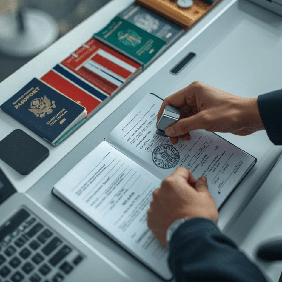 Hands stamping a document with a circular stamp. A US passport and other passports are on the white desk, next to a laptop.